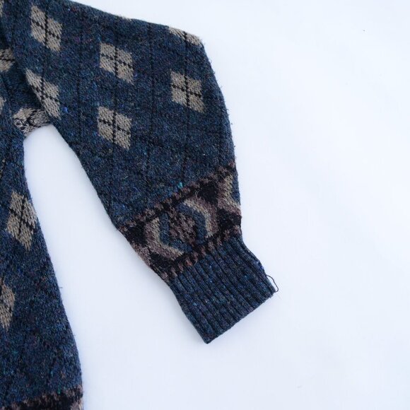 VTG 80s London Fog Blue Taupe Argyle Eclectic Grandpa Wool Crew Neck Sweater L - Picture 7 of 10